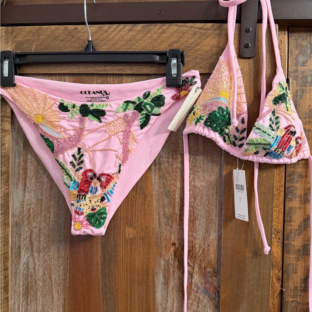 NWT Oceanus Bikini Parrot Embroidery Pink